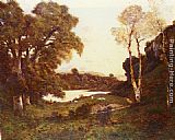 Goats grazing beside a lake at sunset by Henri-Joseph Harpignies